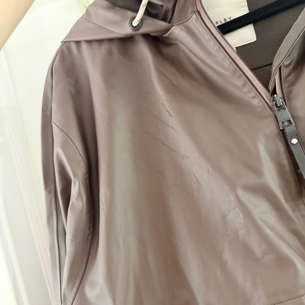 Varley Alyssa Rain Jacket Dark Truffle Brown Faux Leather Hooded Parka Womens M‎ - Picture 2 of 7